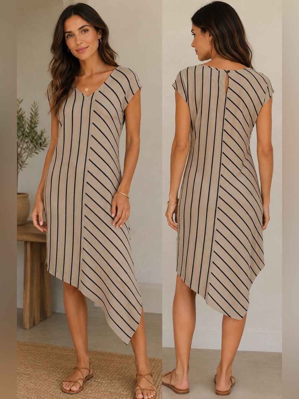 For Cynthia Midi Dress Womens Large Beige NWOT Linen Asymmetrical Striped Shift